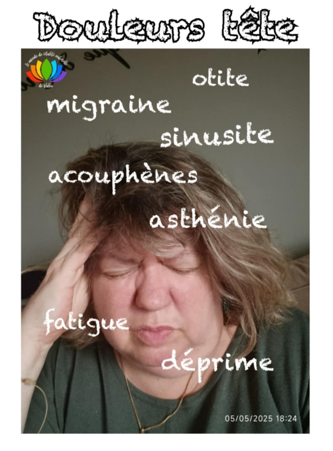 Une photo d'une femme se tenant la tête pour illustrer des douleurs de type migraine sinusite otite etc